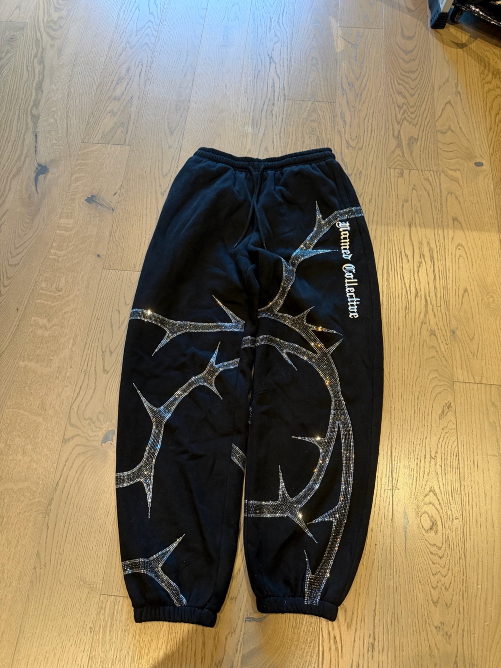 Black Track Joggers with Silver Rhinestone Thorn Graphic